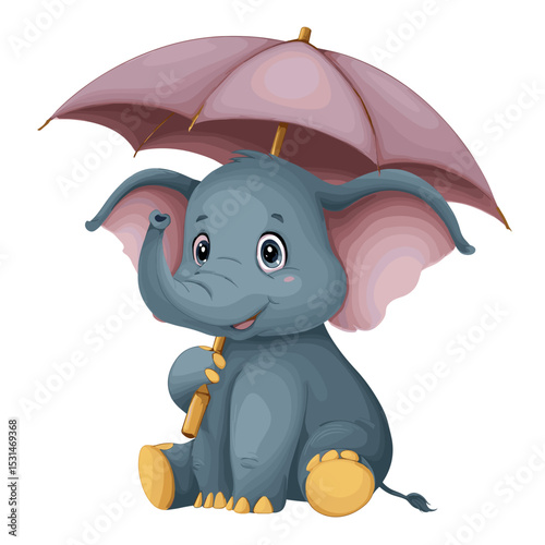 Cute cartoon elephant character sitting with umbrella, vector illustration
