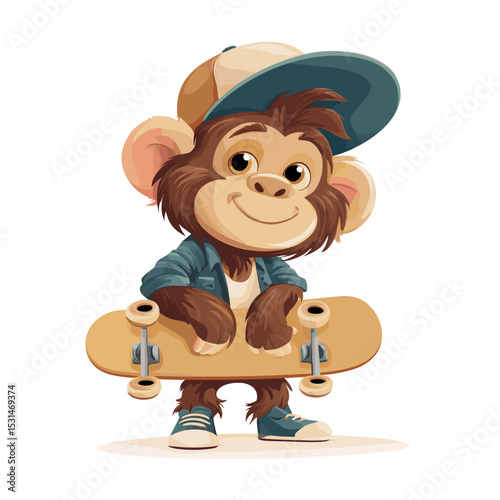 Cartoon monkey character in cap and jacket holding skateboard, vector illustration
