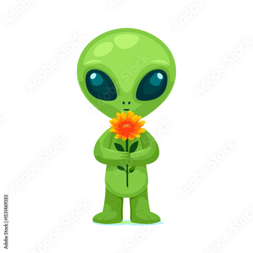 Cute cartoon alien character holding a flower, vector illustration
