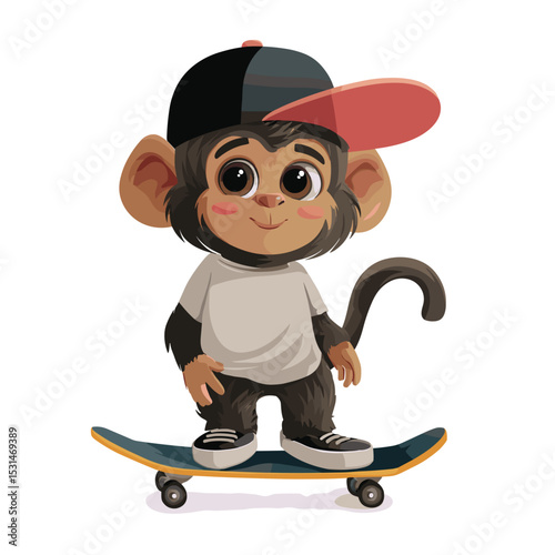 Cartoon monkey character wearing cap and shirt on skateboard, vector illustration
