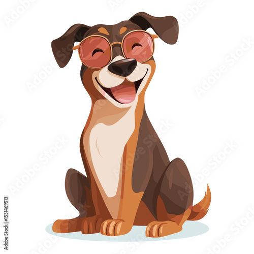 Happy cartoon dog wearing pink sunglasses and smiling, vector illustration

