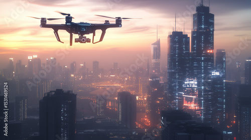 High-Tech Drone Flying Over Futuristic Cityscape with Glowing Skyscrapers at Dusk
