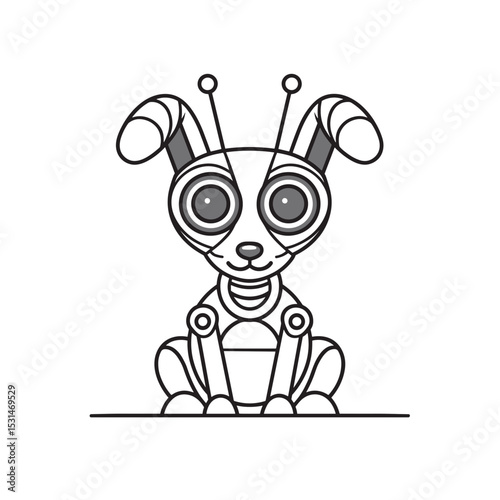 Line art cartoon robot dog with antennas and big eyes, vector illustration

