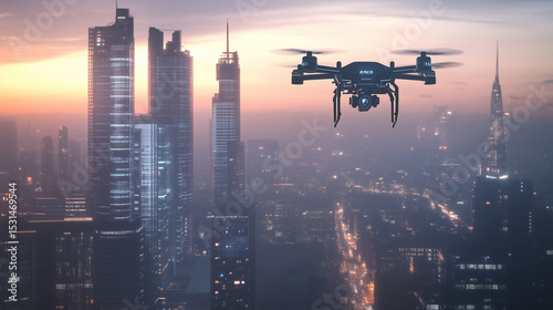 High-Tech Drone Flying Over Futuristic City with Glowing Skyscrapers at Dusk