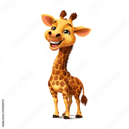 Smiling cartoon giraffe in 3D style standing and looking forward, vector illustration

