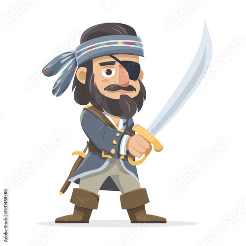Cartoon pirate with eyepatch and sword, vector illustration on white background


