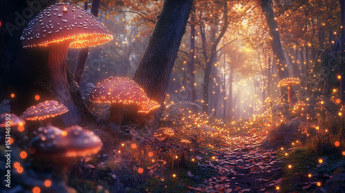 Enchanted Forest: A captivating scene of glowing mushrooms illuminates a whimsical path within a mystical forest. The trees and ground are dappled with radiant light.