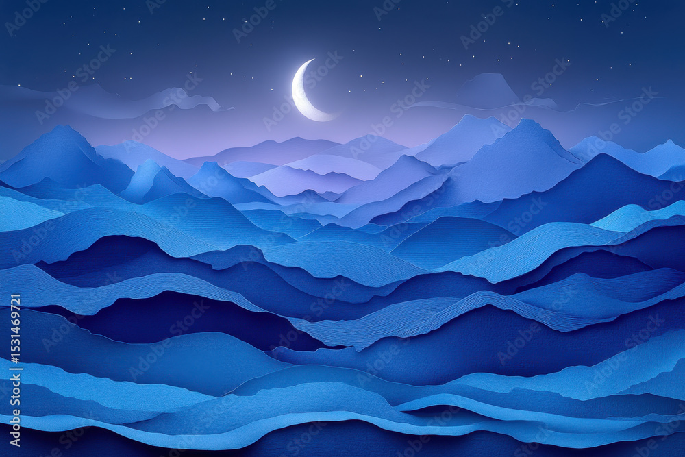 Obraz premium Crescent moon over mountain landscape.