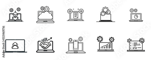 Set of computer icons representing technology concepts such as cloud computing and data analysis