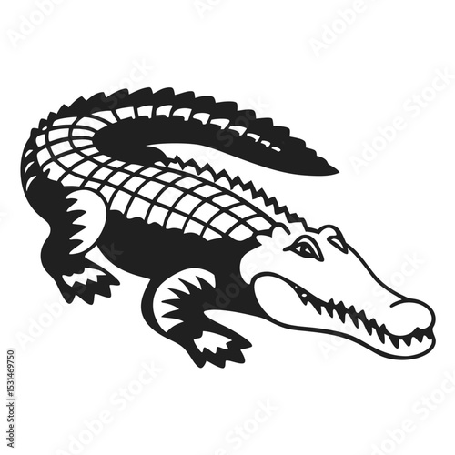 Black alligator prowls steadily, showcasing its armored skin and powerful stance in monochrome
