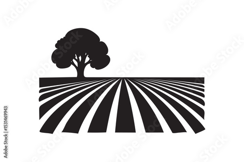 Field with rows of crops with tree silhouette on white background.