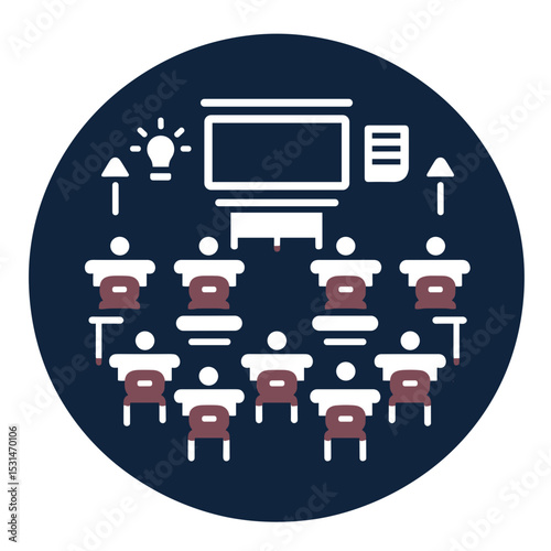 Classroom icon with students and teacher in front of a screen in flat design, educational concept