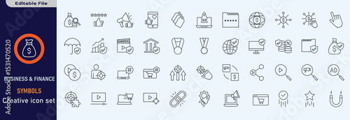 Credit, Loans and Mortgages web icons in outline style. Credit card, deposit, car leasing, rate interest, calculator, income, rating, collection. Editable stroke outline icon