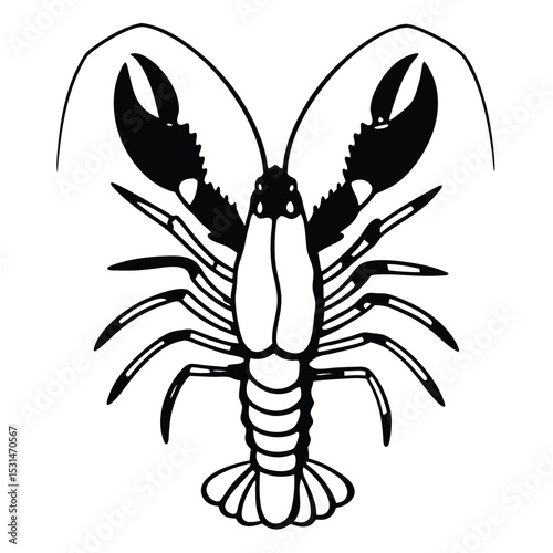 Black and white artistic rendition shows a detailed lobster with striking, prominent claws