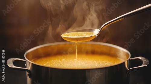 Hot soup being ladled from a pot with steam rising, capturing a warm and comforting cooking moment.