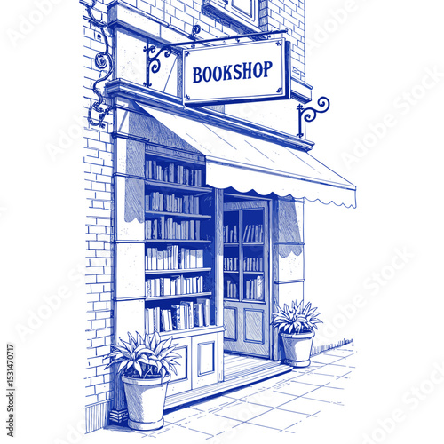 Vintage sketch done in blue ink on a white background depicting a charming bookshop facade with bookshelves for book lovers and reading enthusiasts