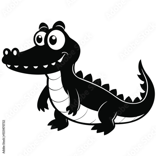 Black and white cartoon crocodile is smiling with big eyes and happy expression