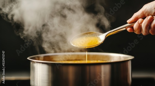Steaming hot soup is being ladled from a stainless steel pot, with visible steam rising into the air.