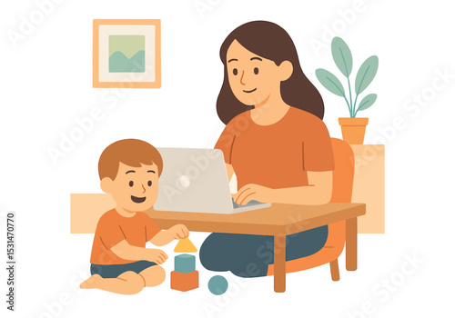 Mom working from home with baby - Remote Work Concept