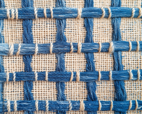 Close-Up of Handwoven Fabric Texture Featuring Blue and Beige Threads