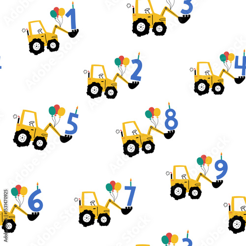 Seamless vector pattern with cute tractors, balloons, candles, and numbers 1–9. Fun and colorful birthday design for kids, perfect for prints, wrapping paper, and party decor.
