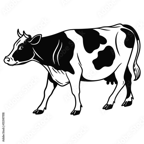 Black and white dairy cow is calmly walking on a blank white background