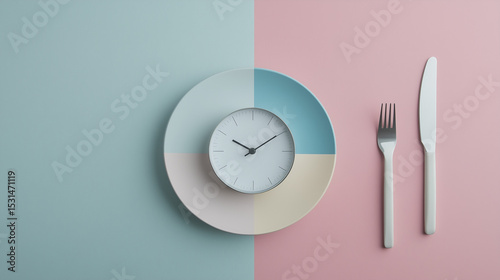 Minimalist Flat Lay with Analog Clock on Ceramic Plate, Silver Cutlery, Soft Mint Pastel Background