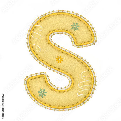 Whimsical letter S with floral designs and stitched details on a white background for educational design