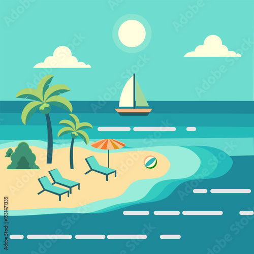 Flat vector of a beach scene, ideal for capturing the spirit of summer