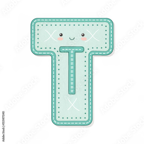 Cute letter T with stitched details and smiling face on a white background for educational design