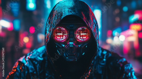 Cyberpunk Hooded Figure: A mysterious figure cloaked in darkness, shrouded in a futuristic hoodie, their eyes glowing with an intense neon red hue, standing against a backdrop of a vibrant cityscape.