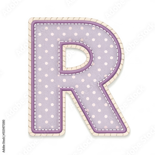 Charming letter R with polka dots and stitched details on a white background for educational design