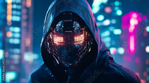 Technological Vigilance: An enigmatic figure emerges from the shadows, clad in a hooded cloak, their metallic mask reflecting the neon glow of a futuristic cityscape.