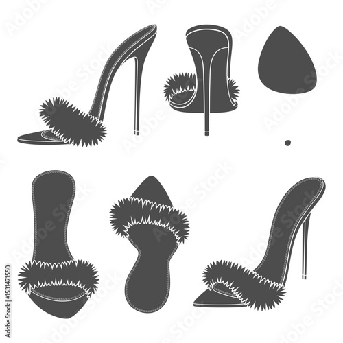Set of black and white illustrations with clogs, sandals with heels and fur. Isolated vector objects on a white background.