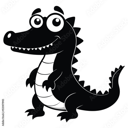 Black cartoon alligator smiles cheerfully, standing upright against a stark white background