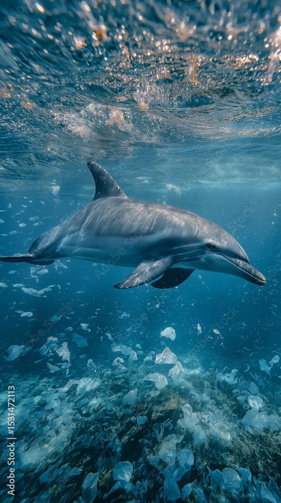 Naklejka premium The graceful dance of a dolphin is a stark and tragic contrast to the plastic-filled water it calls home, highlighting the destruction plastic pollution causes in marine ecosystems.