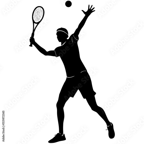 Tennis player mid-serve silhouette