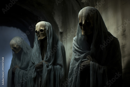 Hooded/veiled skeletal figures stand in catacomb. Eerie atmosphere of death and mystery.