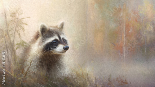 Illustration of a raccoon in the autumn forest.