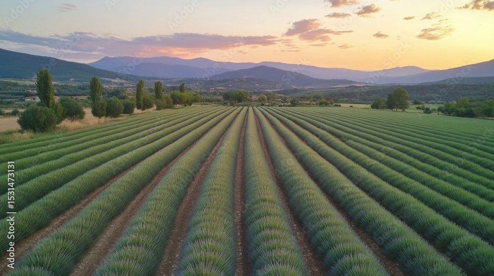 Fototapeta premium Aerial View of a Vibrant Green Agricultural Field Landscape at Sunset