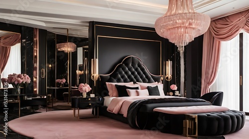 Ultra-luxury hotel-style bedroom featuring onyx black and gold opulence