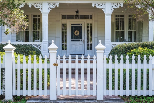 A vacation cottage home is characterized by its white beach wooden wood architecture, including a door and gate that open up to a front porch and yard with lush green landscaping and trees, all
