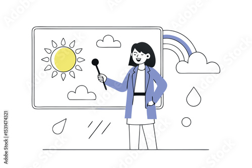 Female weather reporter presenting forecast, vector illustration of meteorologist with map
