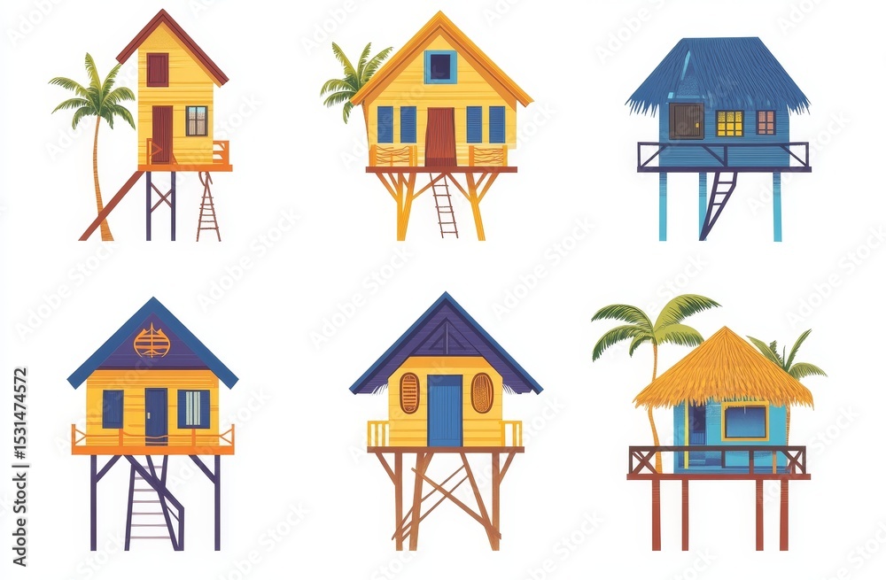 Fototapeta premium Modern illustration featuring an assortment of varying bungalow styles situated on the shore