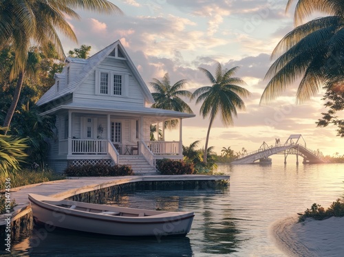 Coastal style home with a boat on a nearby pond, depicted in a 3D tropical beach house rendering