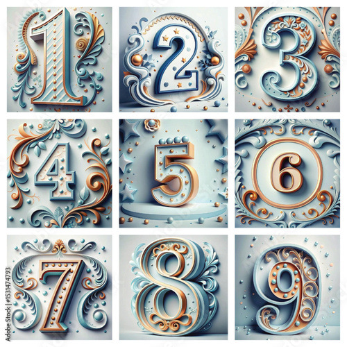 Decorative numbers with ornate designs in blue and gold colors  