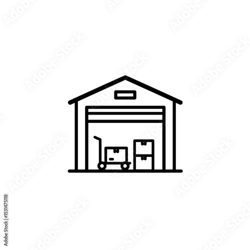 Warehouse with packages and cart in simple black linear style  