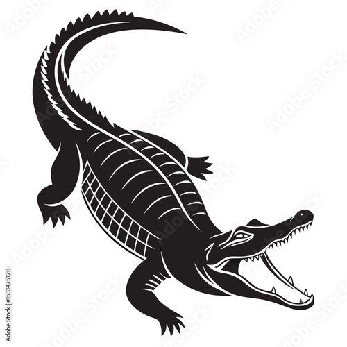 Black silhouette of an alligator with its mouth open shows its teeth and scales