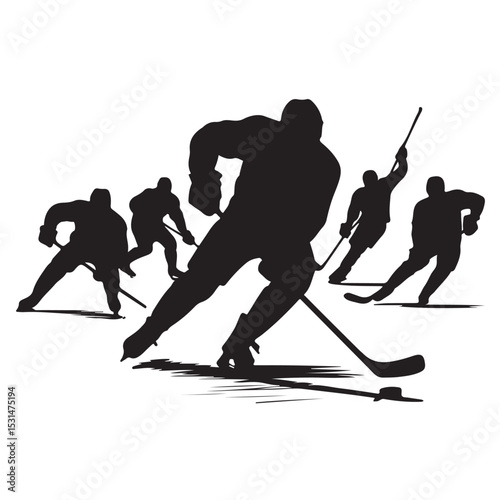 Dynamic vector silhouettes illustrate various winter sports, capturing the action of skiers and hockey players