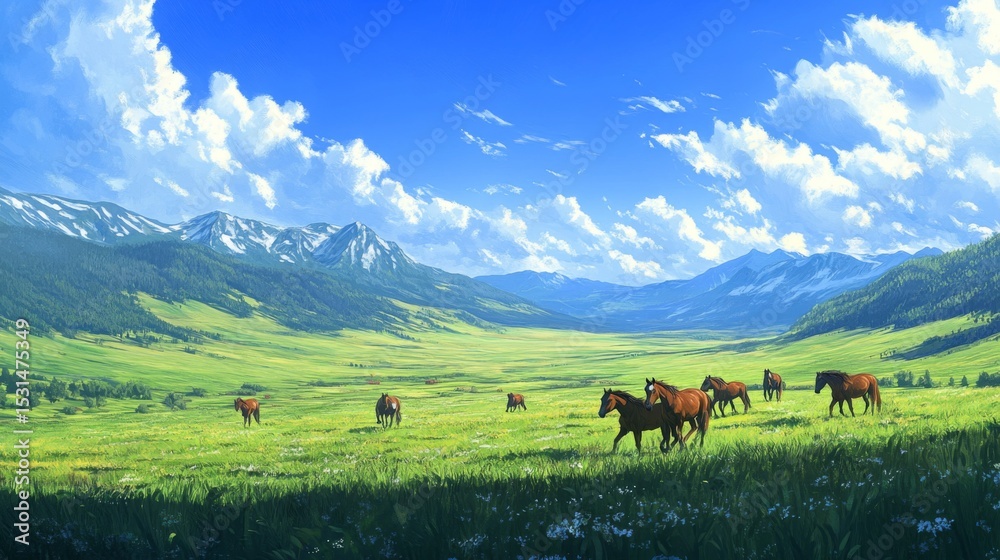 Fototapeta premium Horses Grazing in a Lush Green Meadow with Mountain Background